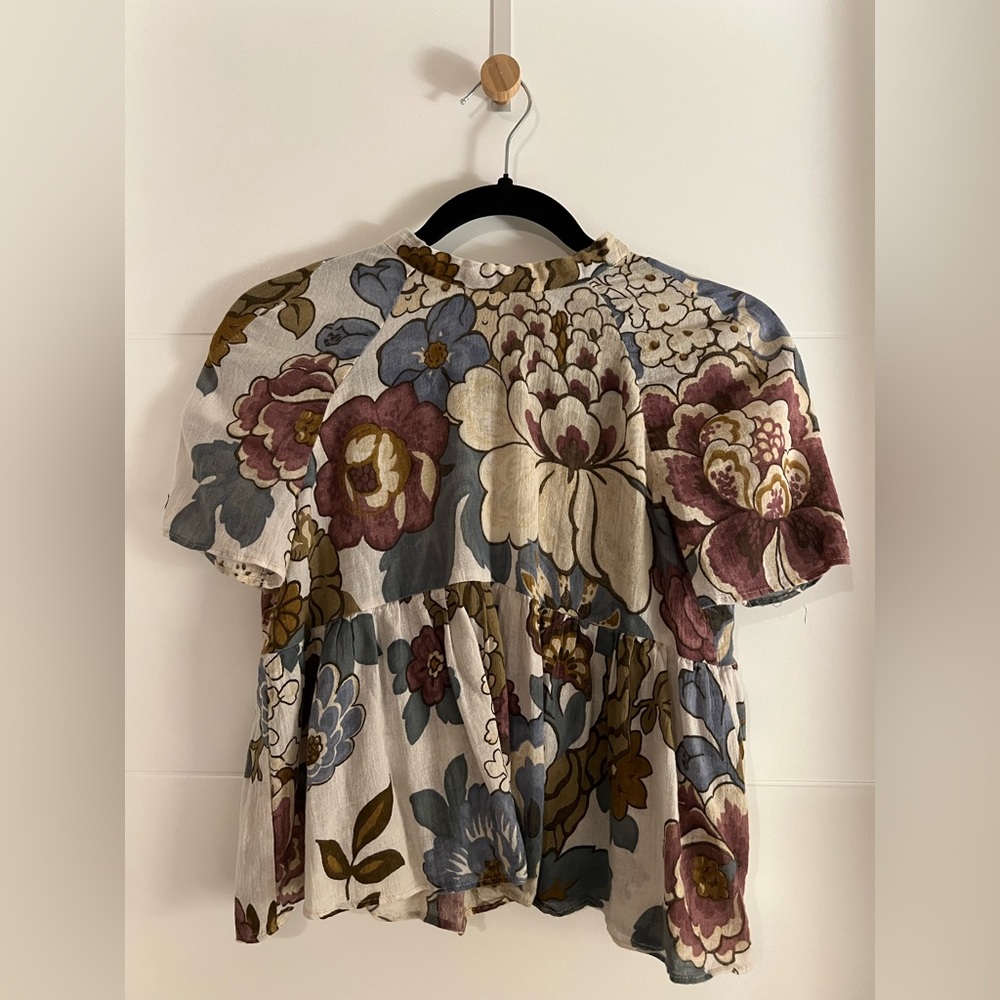 Zara floral blouse open back with tie, high neck short sleeve peplum 2016 cotton
